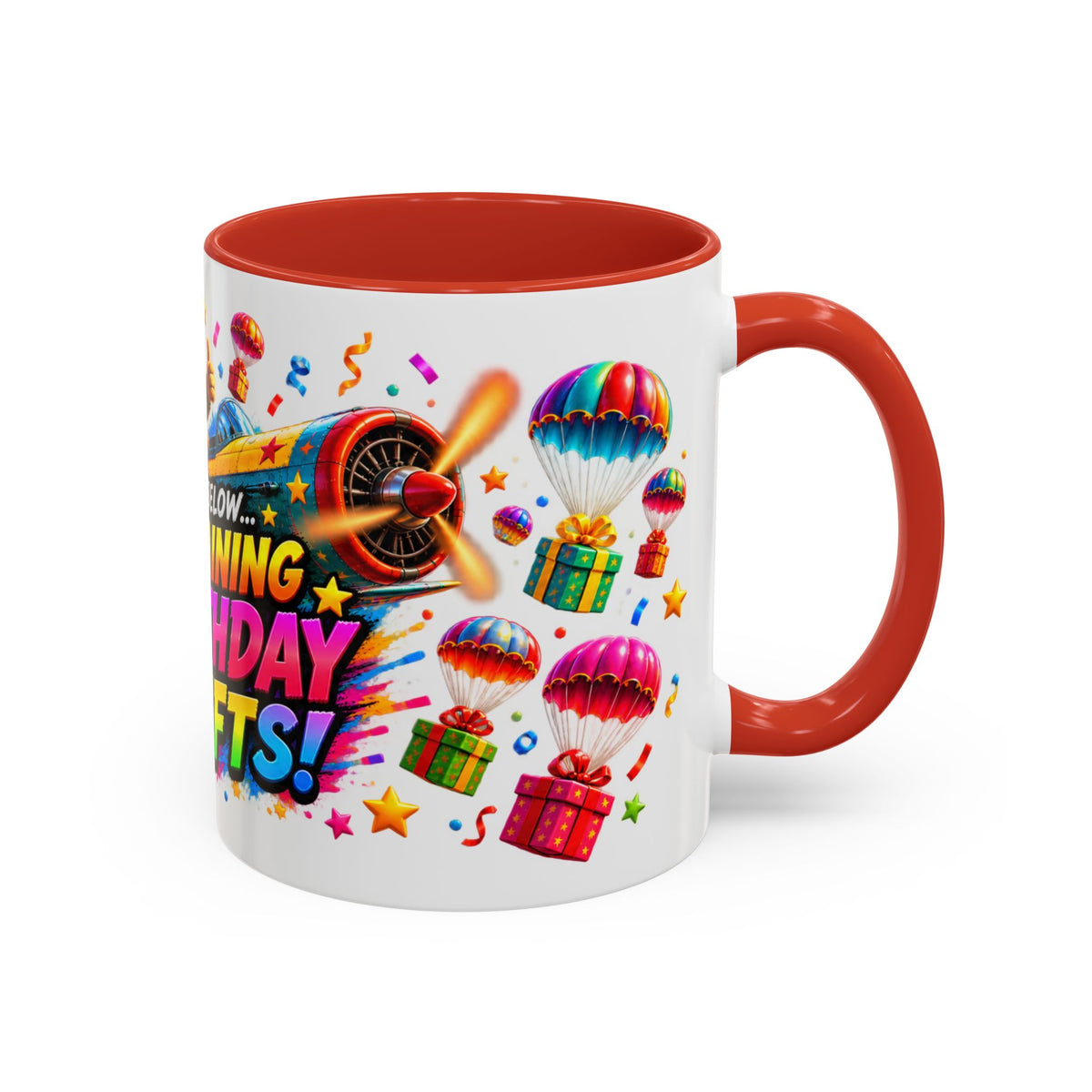 Birthday Gifts Coffee Mug — "It's Raining Birthday Gifts!" Colorful Accent Mug