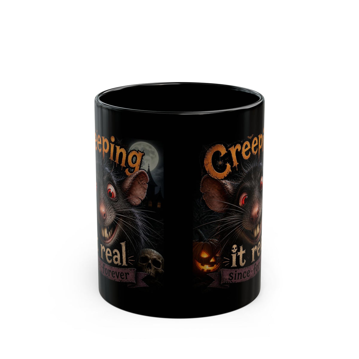 Creeping It Real Black Mug — Halloween Black Cat & Pumpkin Coffee Cup (11oz/15oz)