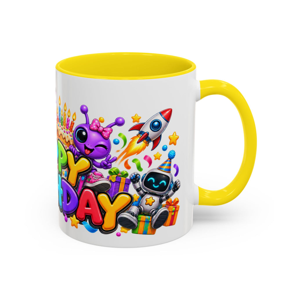 Happy Birthday Space Party Mug – Cute Aliens, Robots, UFO & Colorful 3D Birthday Design