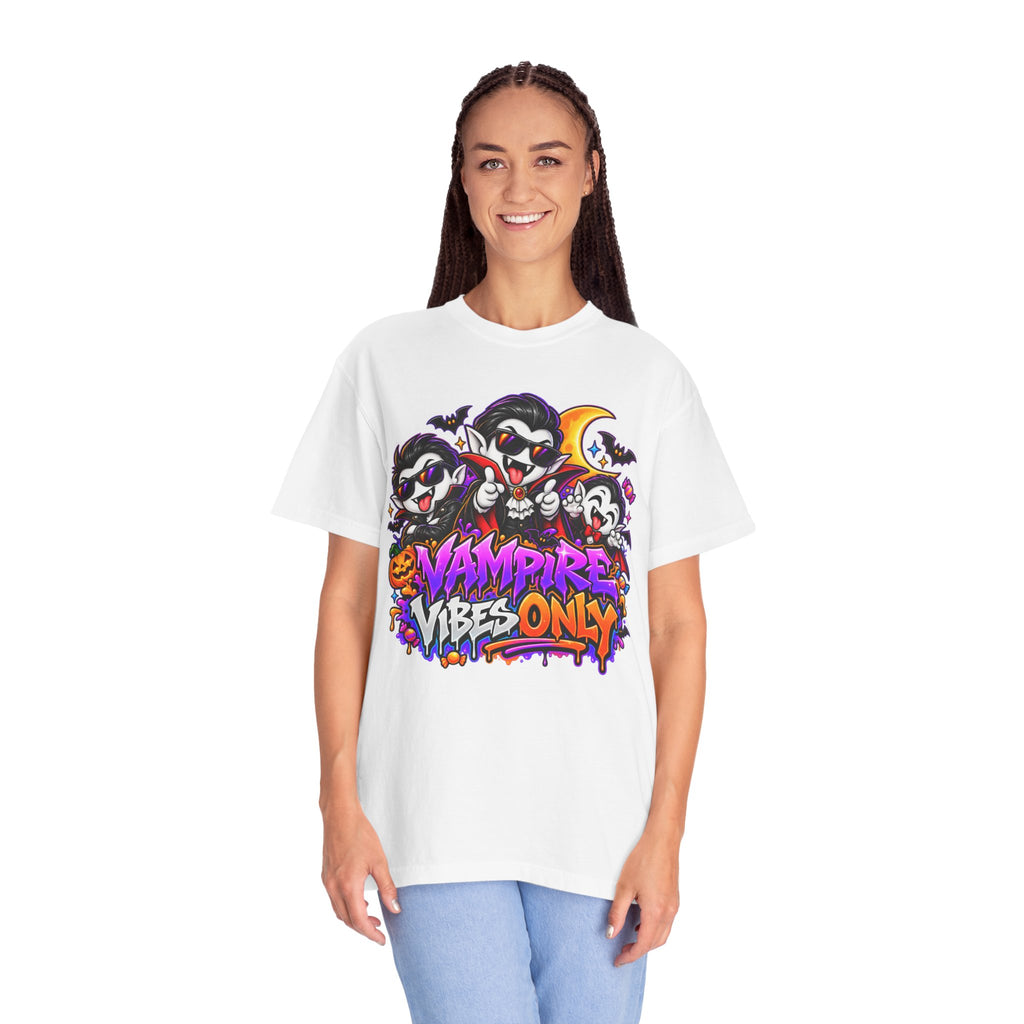 Neon Vampire Vibes Halloween Unisex Garment-Dyed T-Shirt Featuring a Cool Festora Vampire Crew