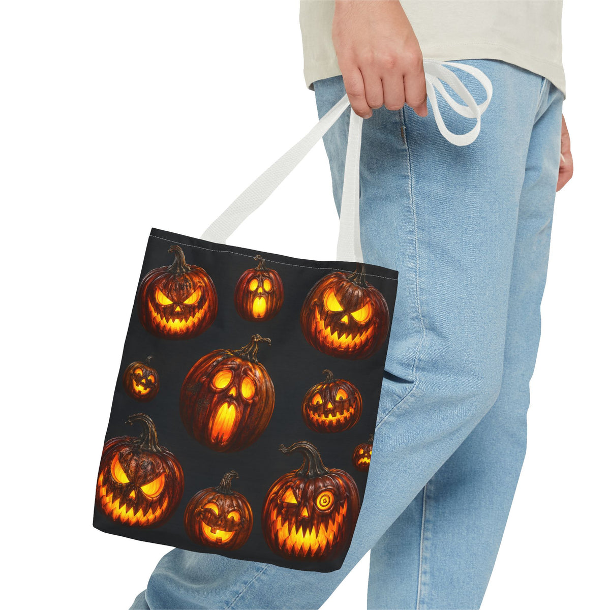 Halloween Jack-o'-Lantern Tote Bag — Spooky Pumpkin All-Over Print Trick-or-Treat Tote