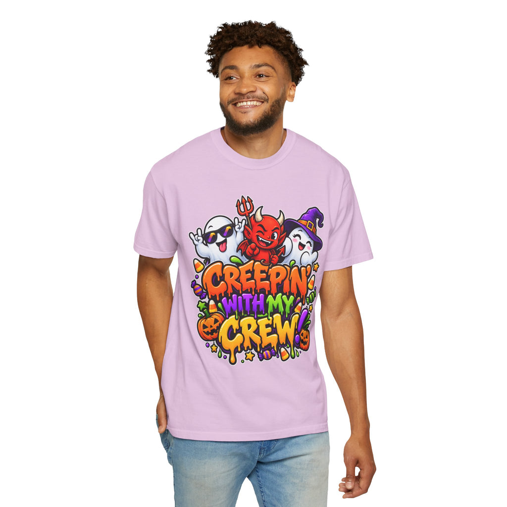 Creepin’ With My Crew Halloween T-Shirt – Colorful Funny Ghost & Devil Graphic Tee