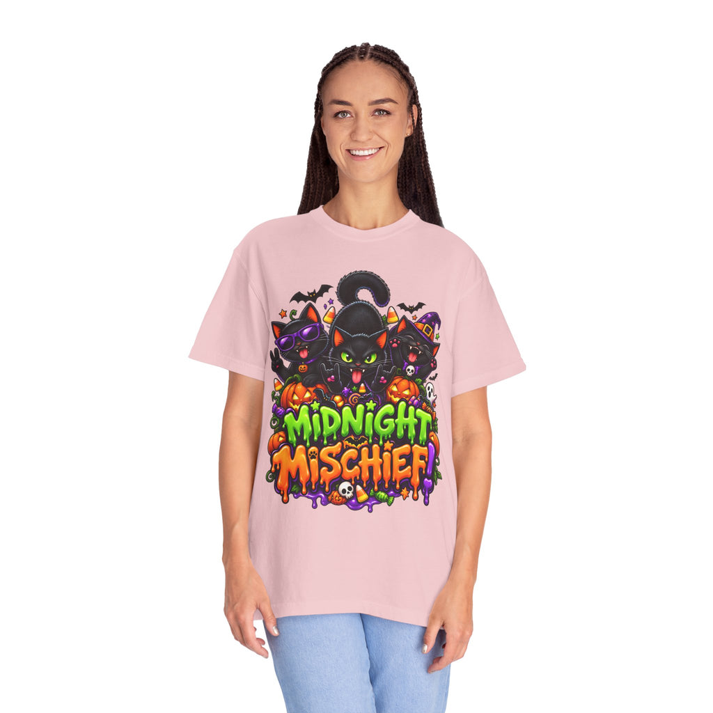 Midnight Mischief Halloween T-Shirt – Funny Black Cat Graphic Tee
