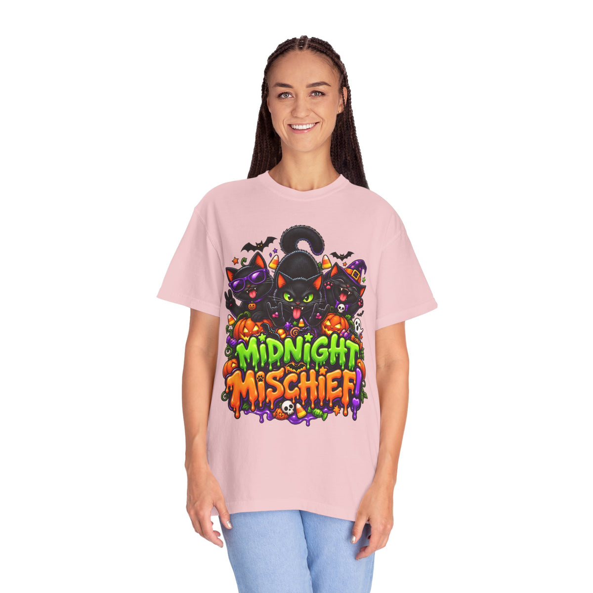Midnight Mischief Halloween T-Shirt – Funny Black Cat Graphic Tee