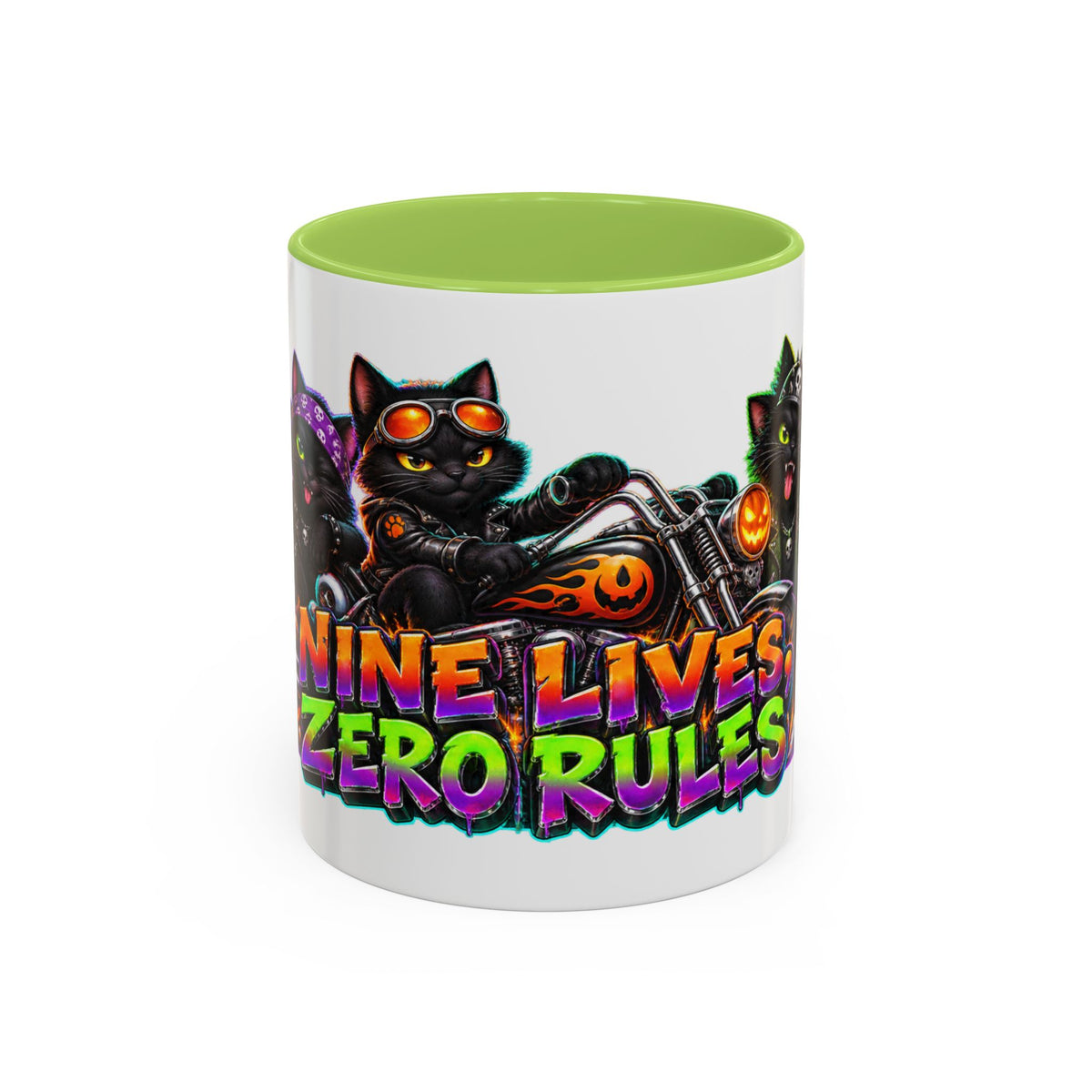 Nine Lives Zero Rules Biker Cats Halloween White Mug