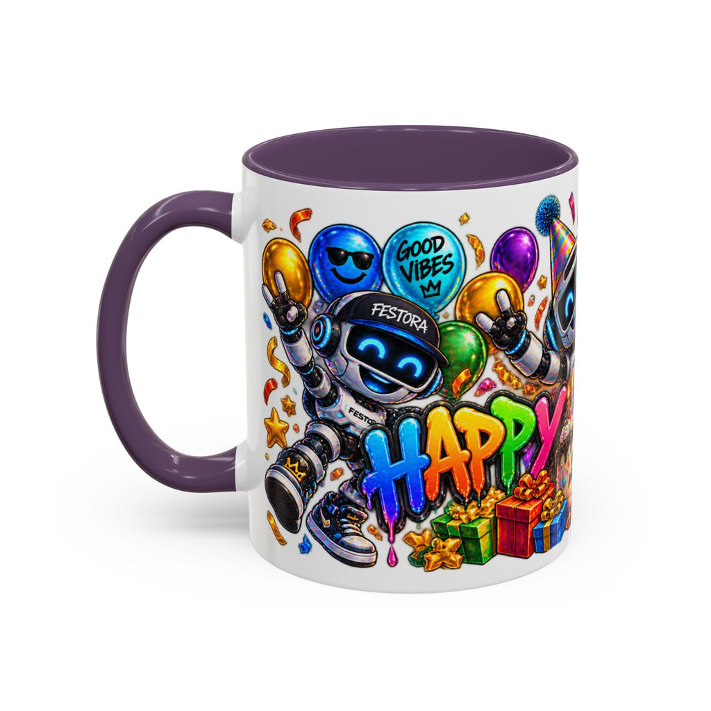 Birthday Robot Coffee Mug — Colorful Happy Birthday Accent Mug (11oz)