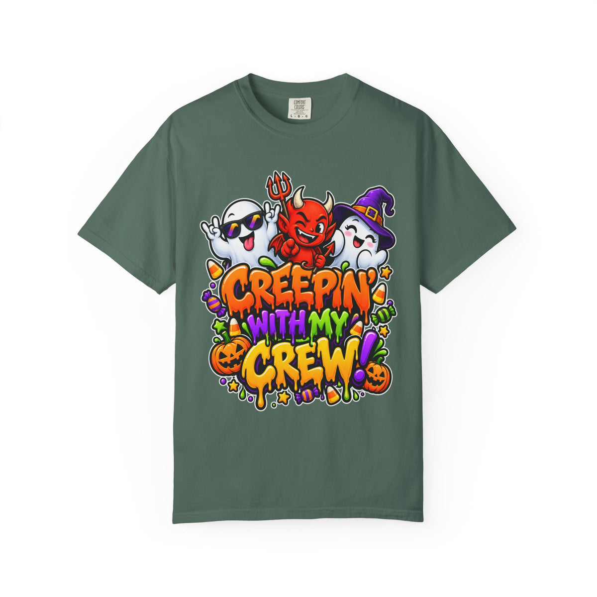 Creepin’ With My Crew Halloween T-Shirt – Colorful Funny Ghost & Devil Graphic Tee