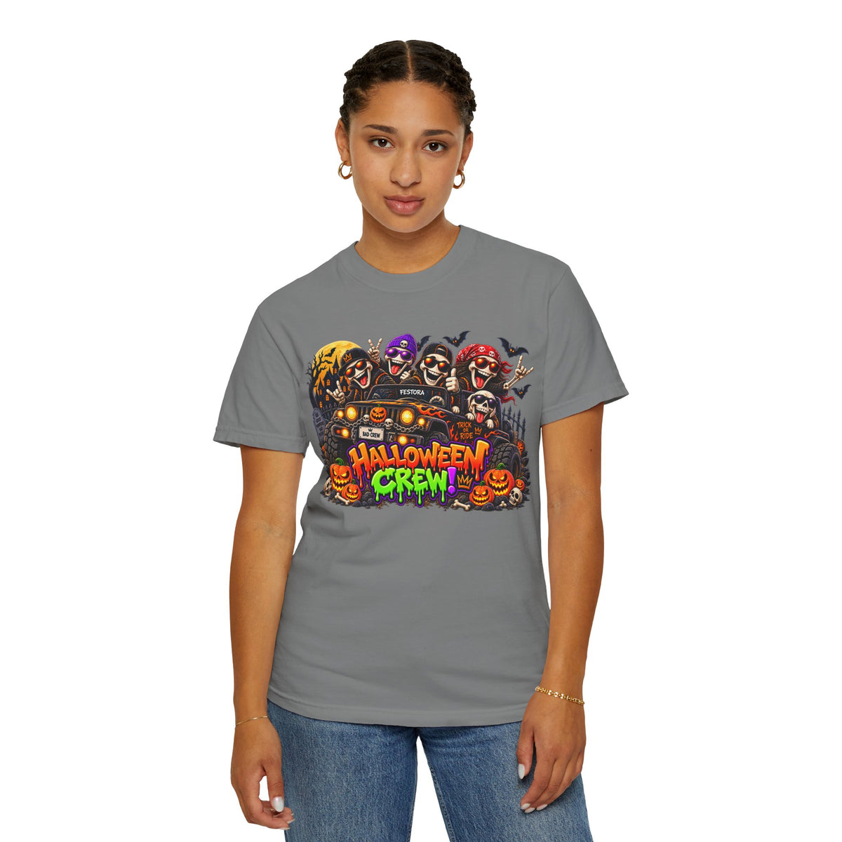 Halloween Crew T-Shirt – Skeleton Jeep Spooky Graphic Tee