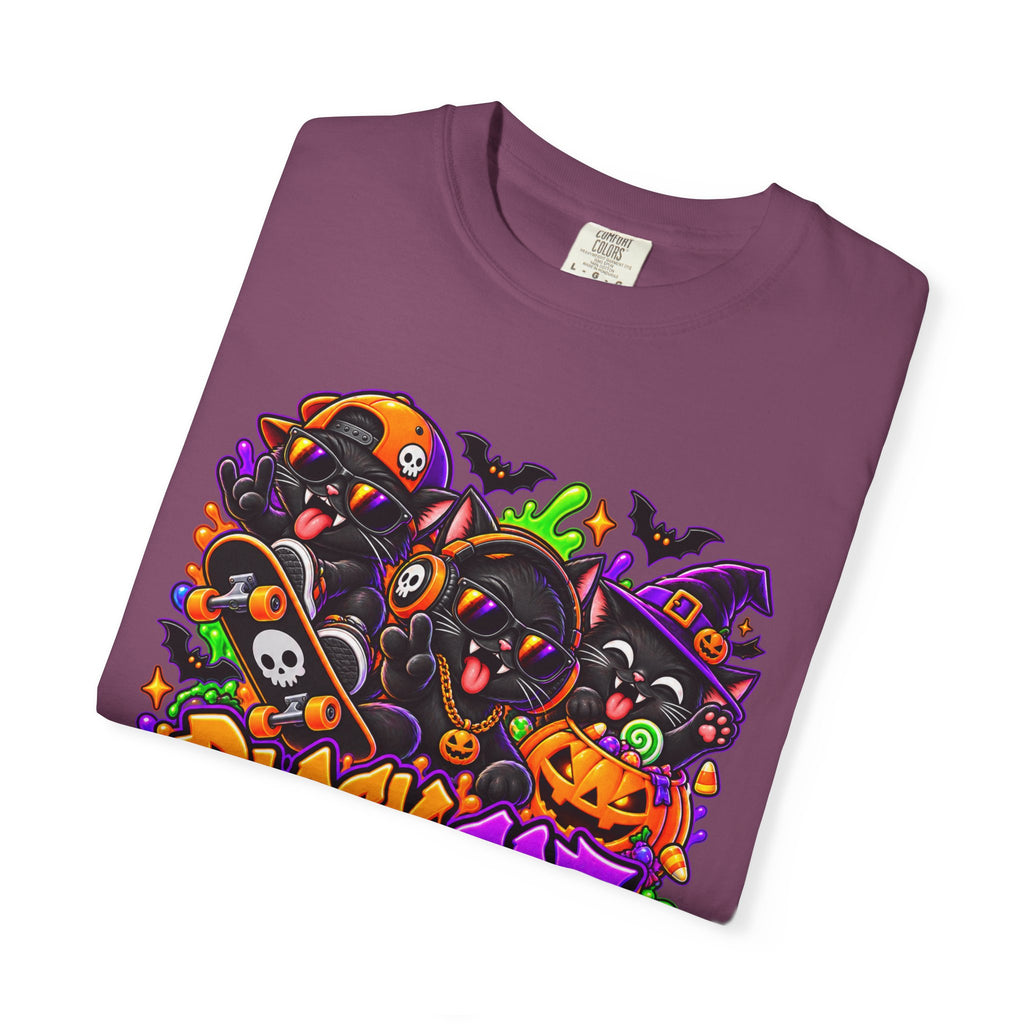 Neon Black Cat Halloween Chaos T-Shirt | Cute Spooky Cat Graphic Tee