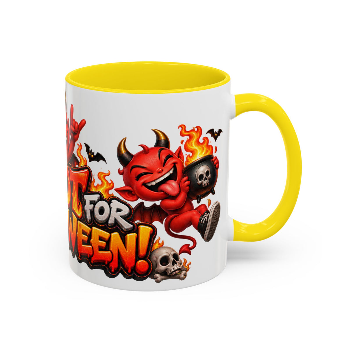 Too Hot for Halloween White Mug – Funny Devils, Flames & Spooky Design