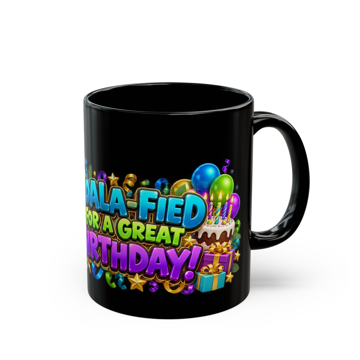 Koala-Fied for a Great Birthday Black Mug – Cute Koala Birthday Cup, Colorful Party Gift