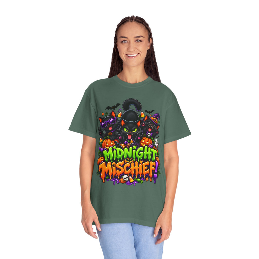 Midnight Mischief Halloween T-Shirt – Funny Black Cat Graphic Tee
