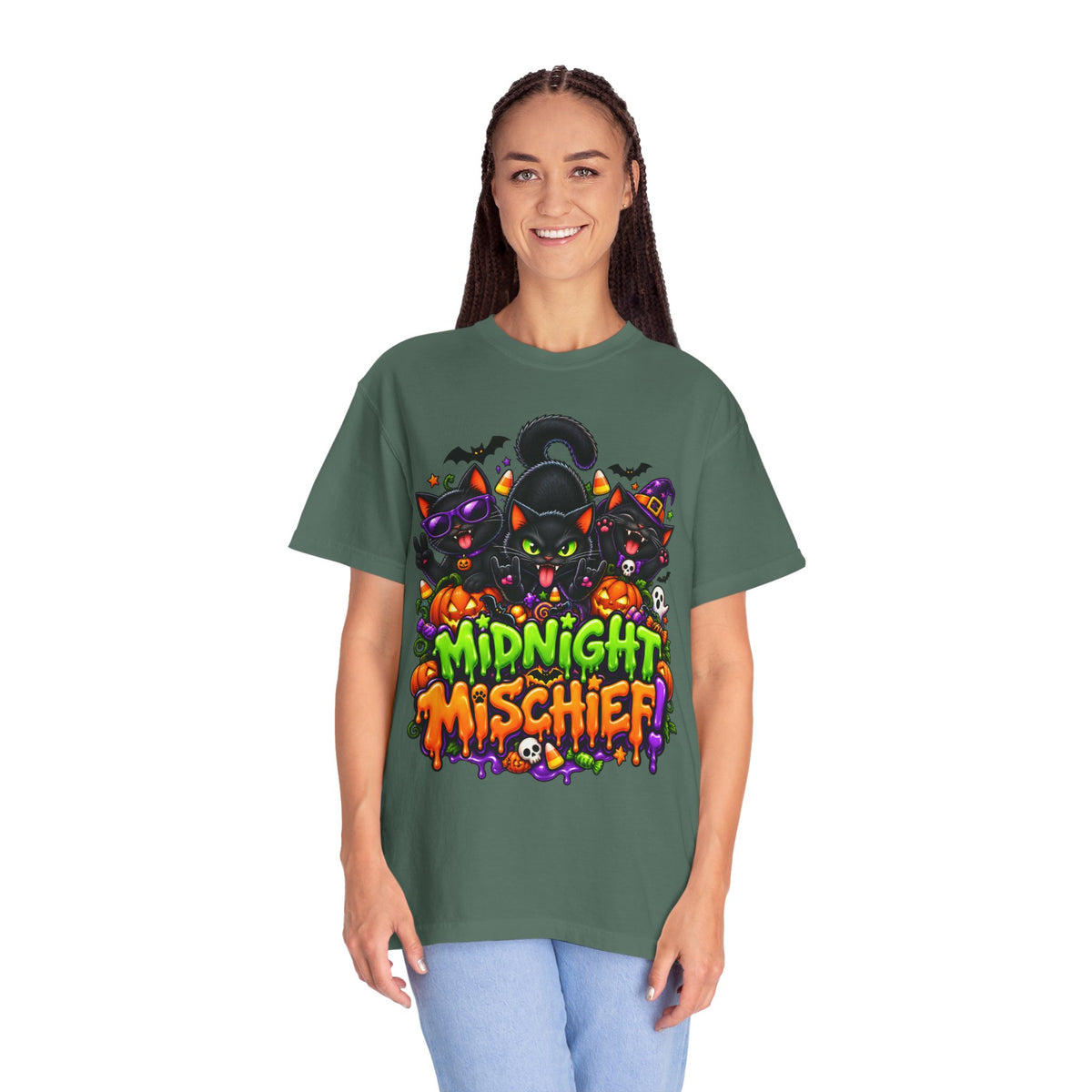 Midnight Mischief Halloween T-Shirt – Funny Black Cat Graphic Tee