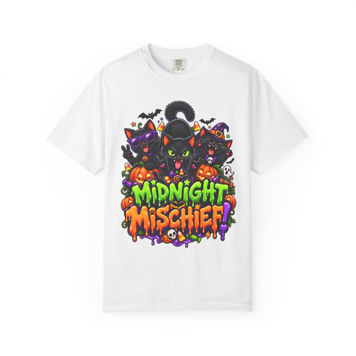 Midnight Mischief Halloween T-Shirt – Funny Black Cat Graphic Tee