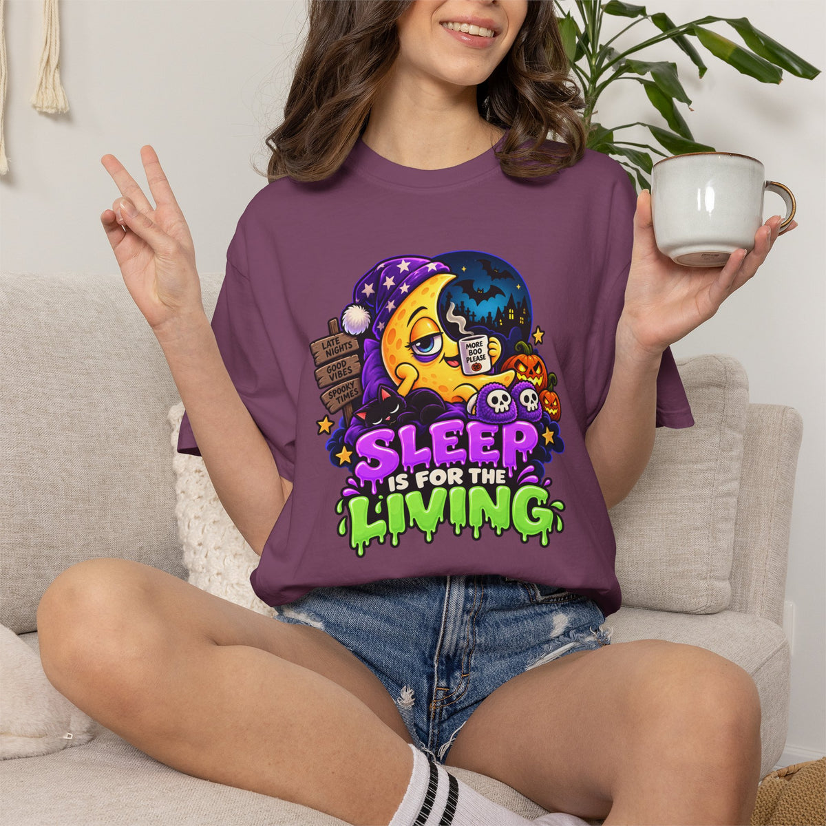 Sleep Is for the Living – Funny Halloween Moon T-Shirt
