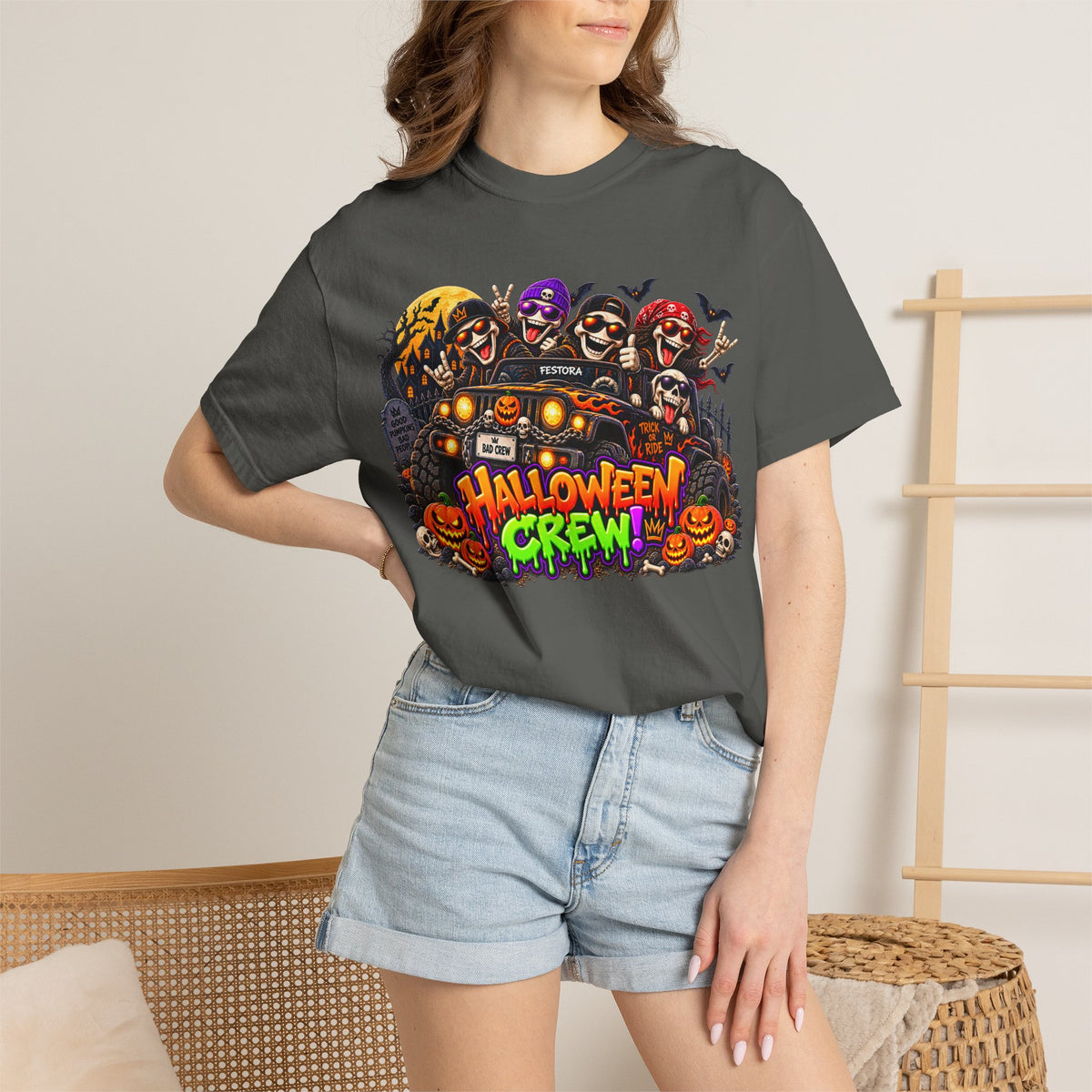 Halloween Crew T-Shirt – Skeleton Jeep Spooky Graphic Tee