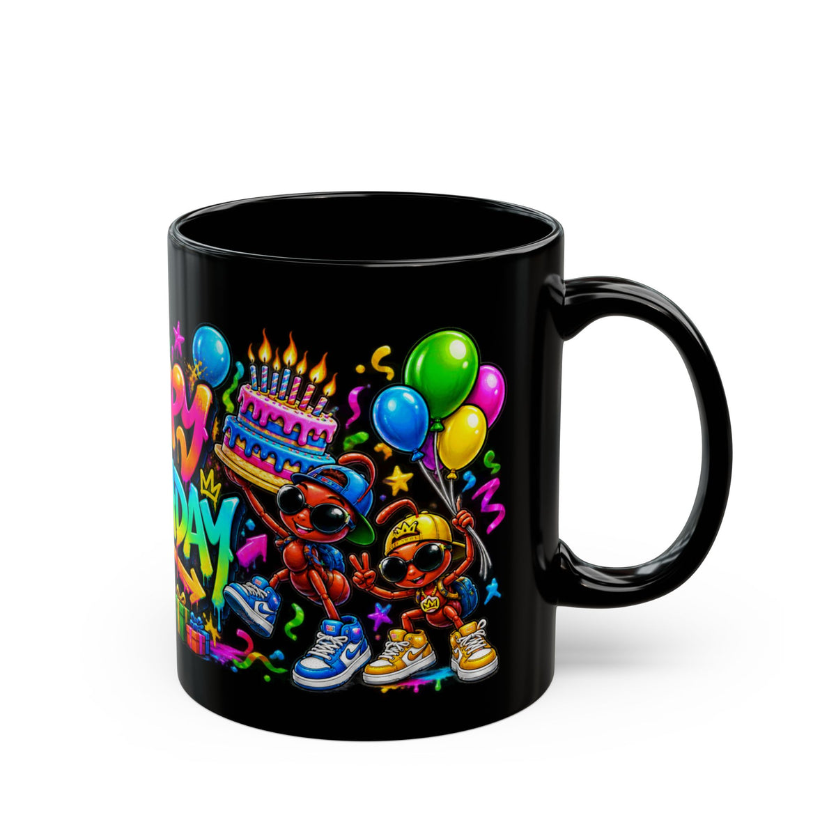 Happy Birthday Black Mug — Colorful Graffiti Celebration Coffee Cup (11oz/15oz)