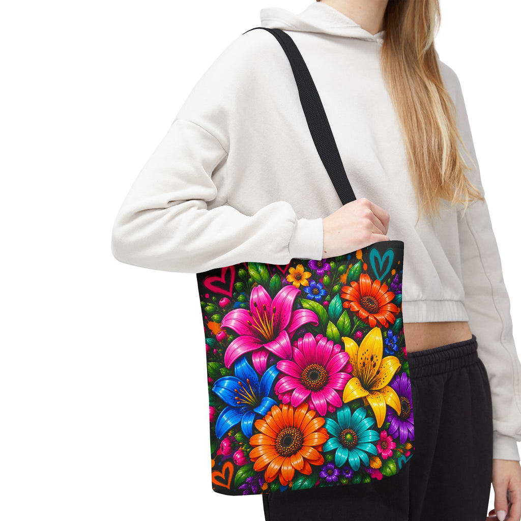 Festora Floral Burst Tote Bag — Colorful Flowers on Black