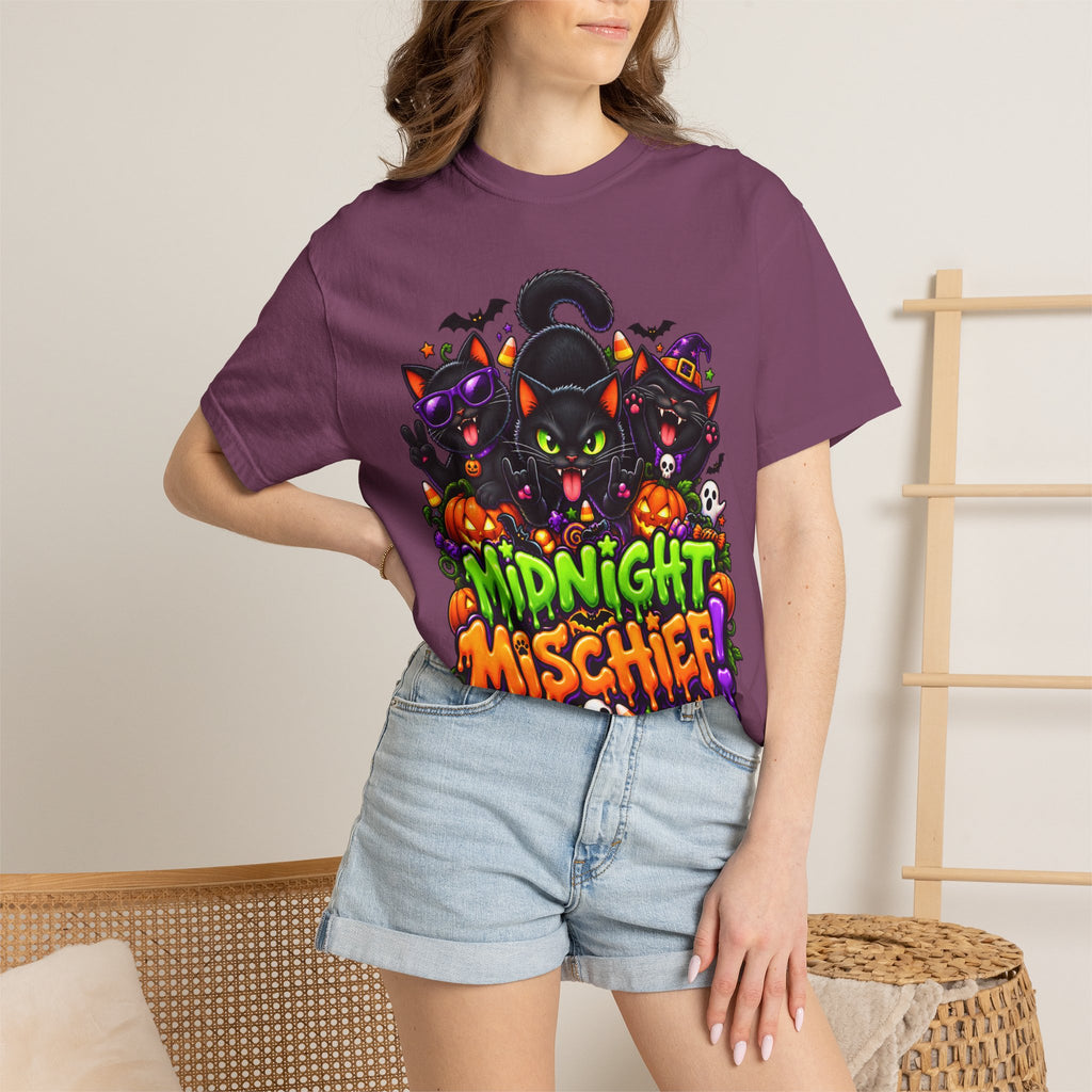 Midnight Mischief Halloween T-Shirt – Funny Black Cat Graphic Tee