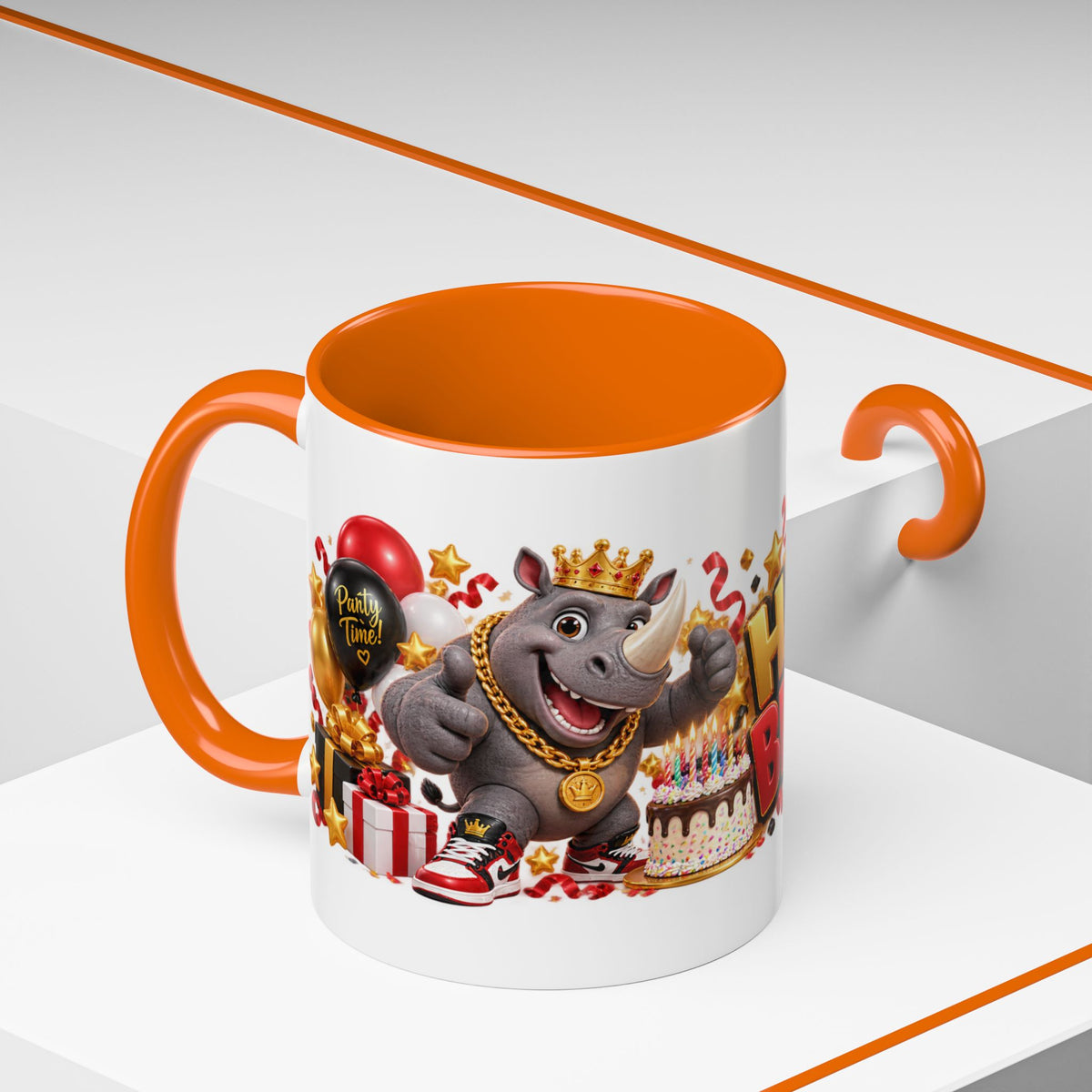 Happy Birthday Rhino Mug – Colorful 3D Birthday Gift – White Coffee Mug