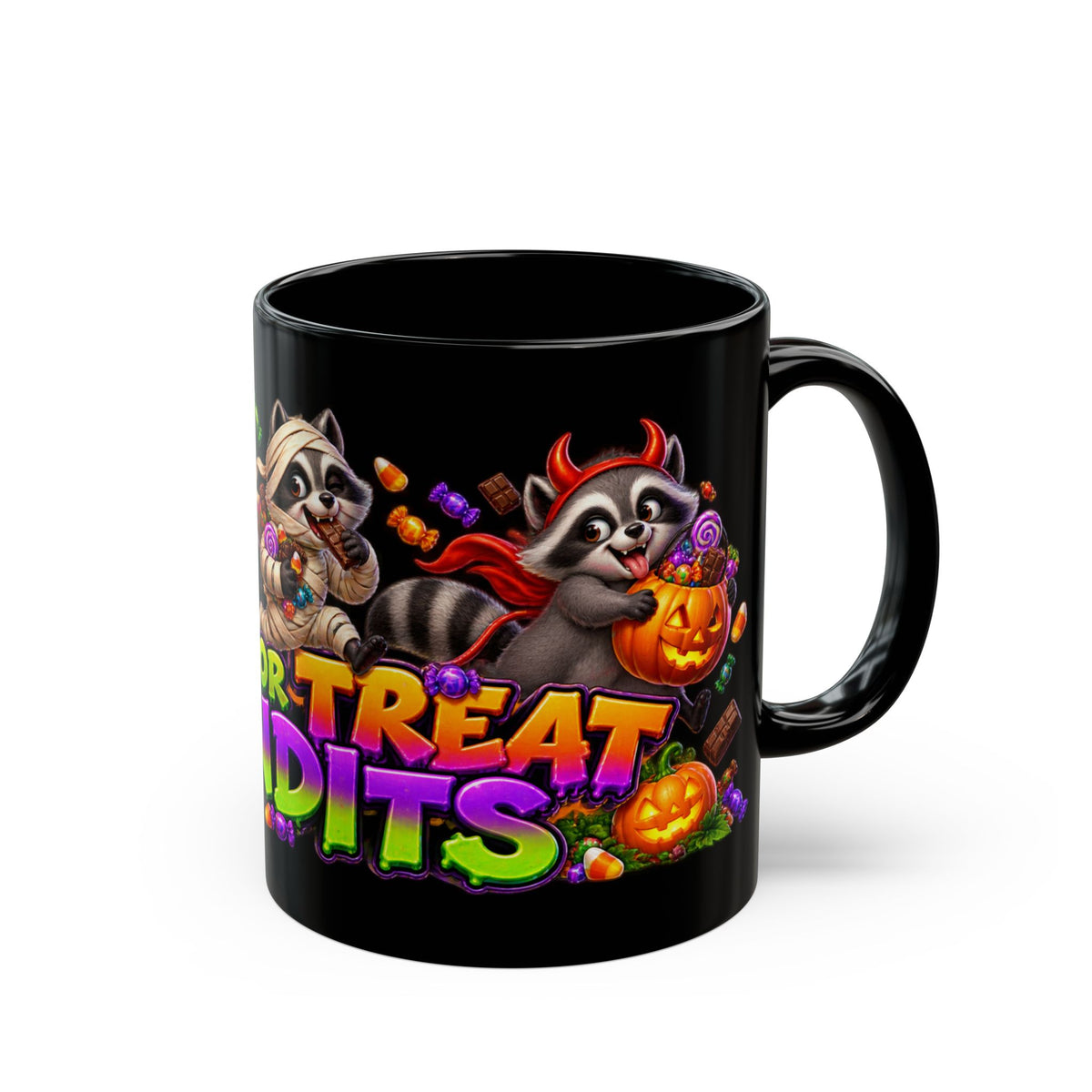 Trick or Treat Bandits Raccoons Halloween Black Mug
