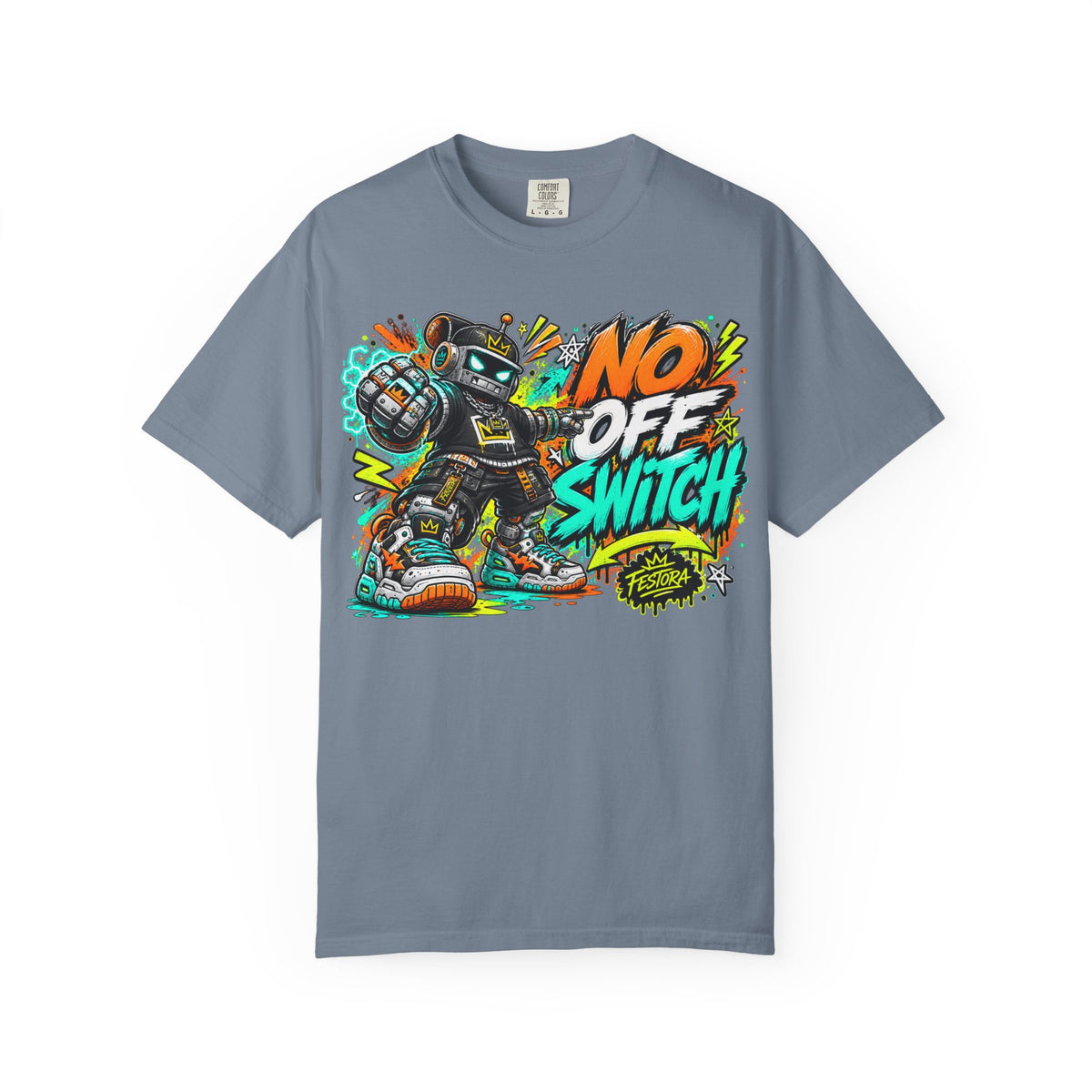 No Off Switch Robot Graphic T-Shirt — Bold Retro Streetwear Design