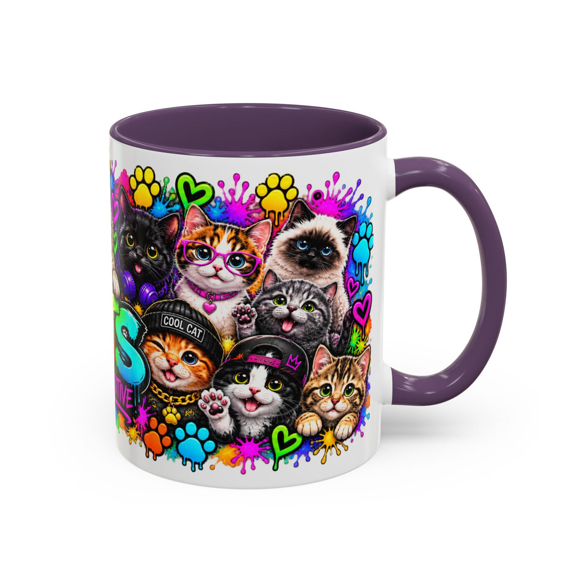 Cats Stay Pawsitive Accent Coffee Mug – Colorful Cute Cat Paw Print Design (11oz)