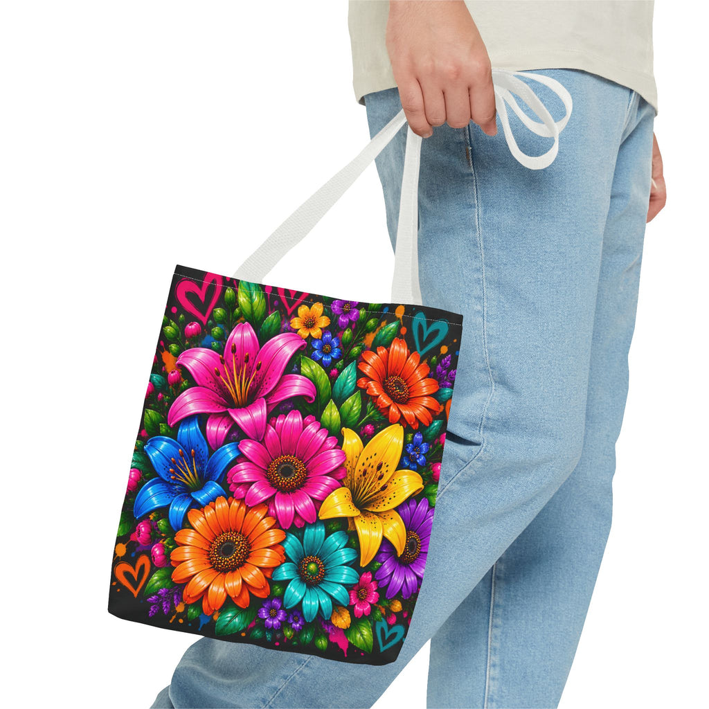 Festora Floral Burst Tote Bag — Colorful Flowers on Black