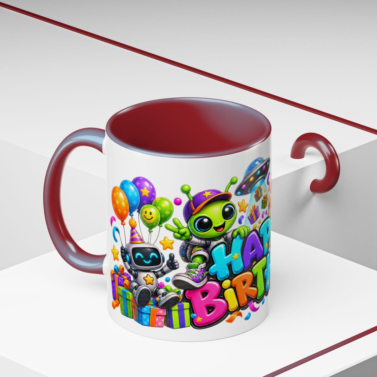 Happy Birthday Space Party Mug – Cute Aliens, Robots, UFO & Colorful 3D Birthday Design