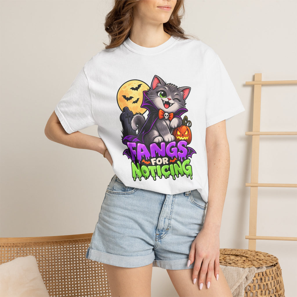 Fangs for Noticing – Cute Vampire Cat Halloween T-Shirt