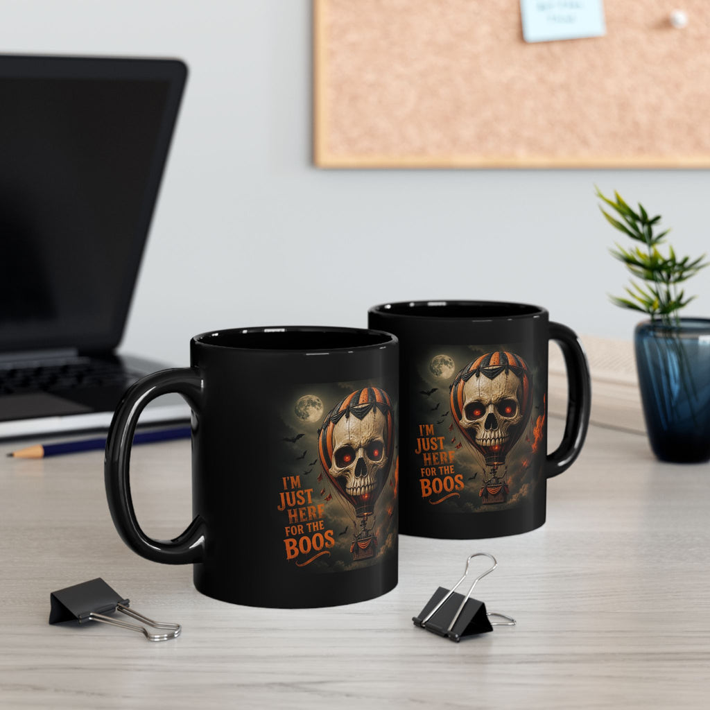 Halloween Skull Hot Air Balloon Mug — "I'm Just Here for the Boos" Black Coffee Cup