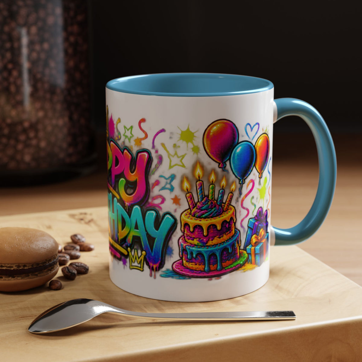 Happy Birthday Accent Coffee Mug – Colorful Graffiti Cake & Balloons (11/15oz)