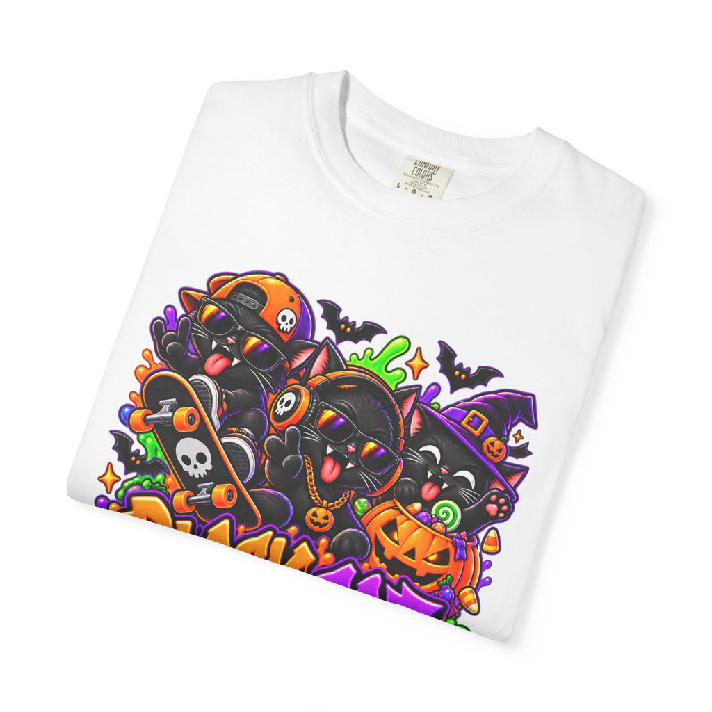 Neon Black Cat Halloween Chaos T-Shirt | Cute Spooky Cat Graphic Tee