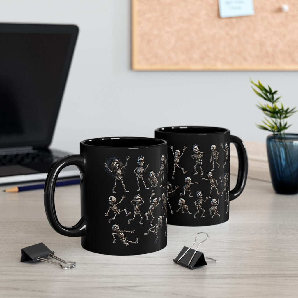 Funny Dancing Skeletons Black  Mug — Halloween Wraparound Pattern (11oz, 15oz)