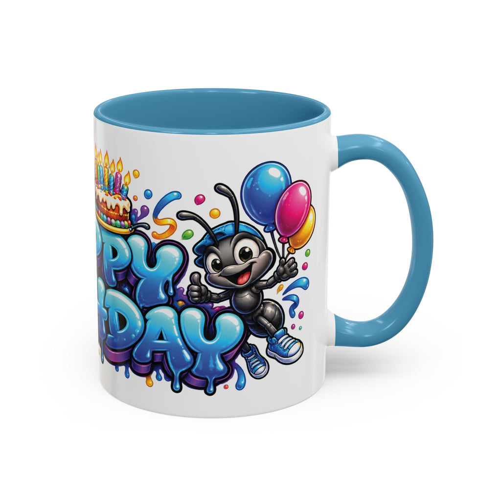 Happy Birthday Cartoon Mug – Graffiti Ants, Birthday Cake, Balloons & Confetti Coffee Cup