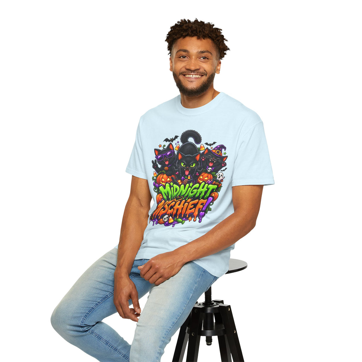 Midnight Mischief Halloween T-Shirt – Funny Black Cat Graphic Tee