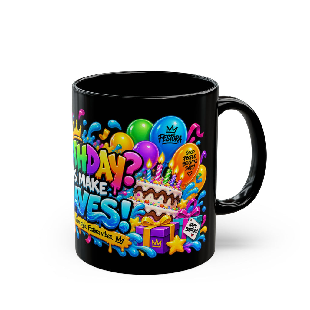 BIRTHDAY? LET’S MAKE WAVES! Black Ceramic Mug – Funny Shark Birthday Coffee Cup – Original FestoraShop Design