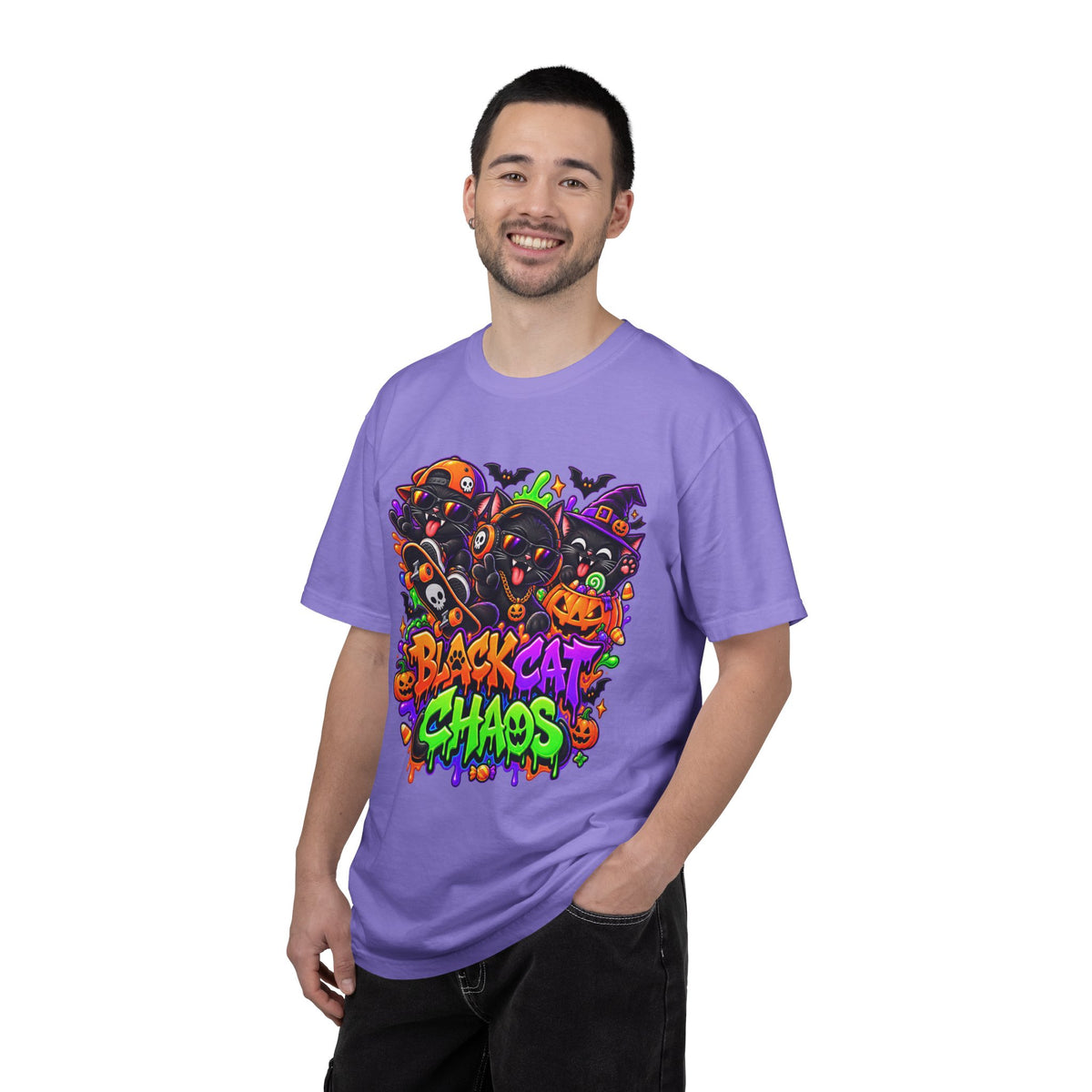 Neon Black Cat Halloween Chaos T-Shirt | Cute Spooky Cat Graphic Tee