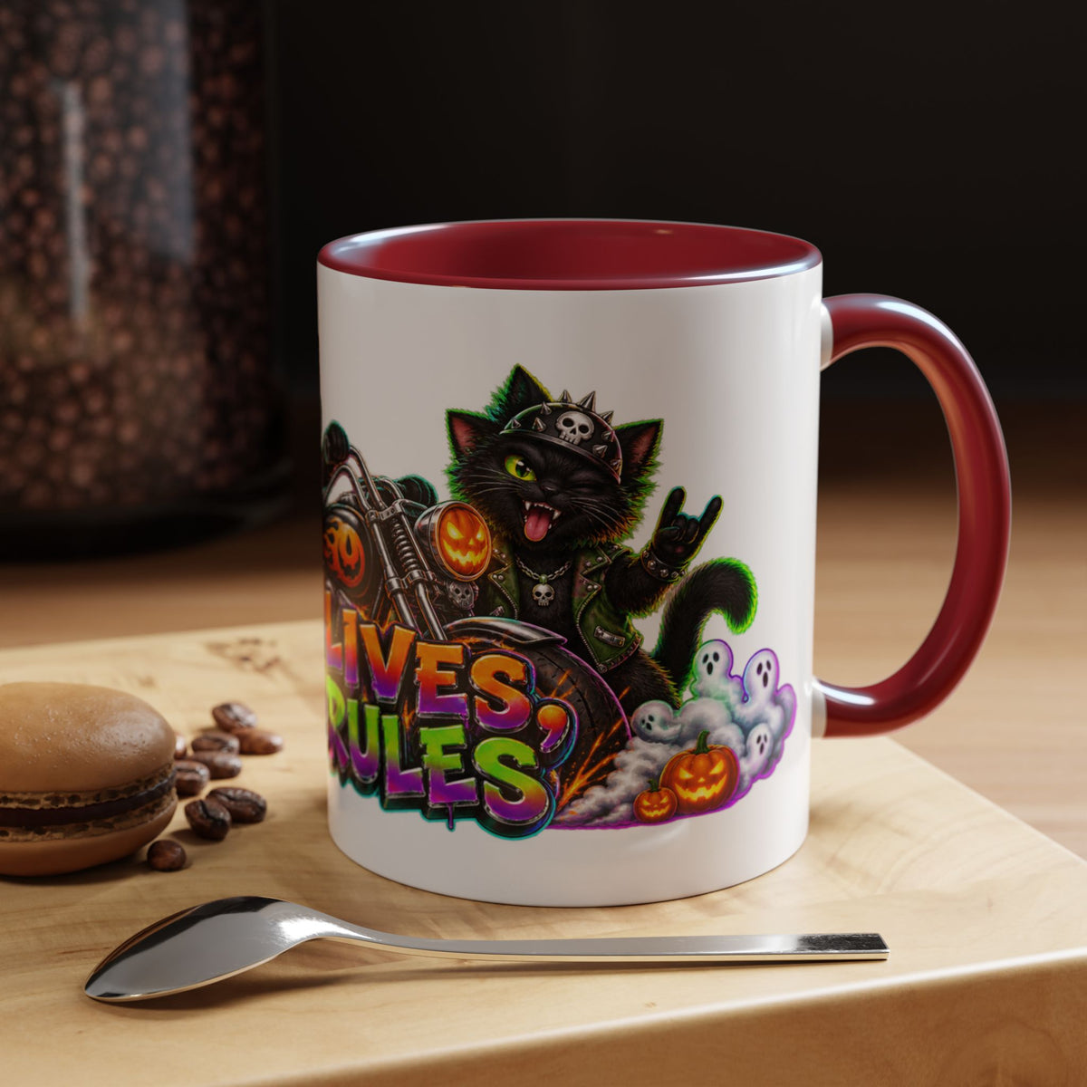 Nine Lives Zero Rules Biker Cats Halloween White Mug