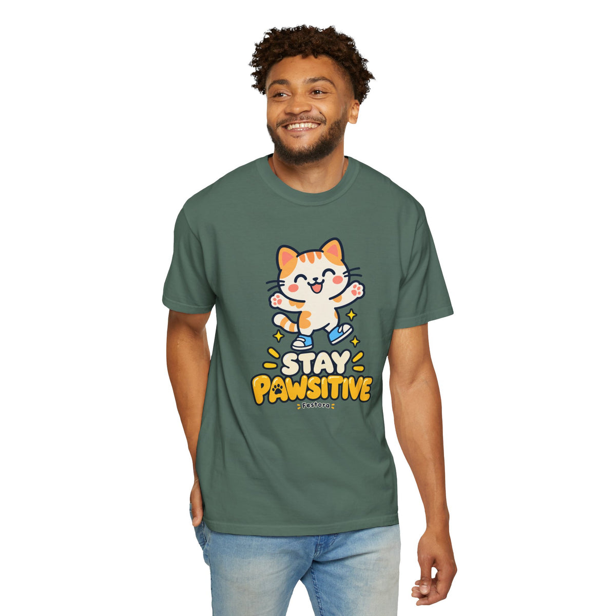 Stay Pawsitive – Cute Happy Cat Graphic T-Shirt