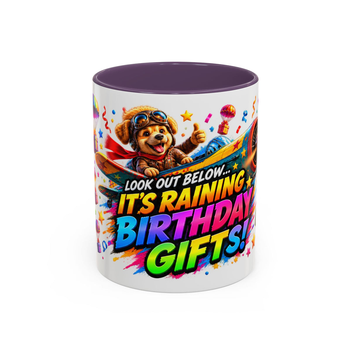 Birthday Gifts Coffee Mug — "It's Raining Birthday Gifts!" Colorful Accent Mug