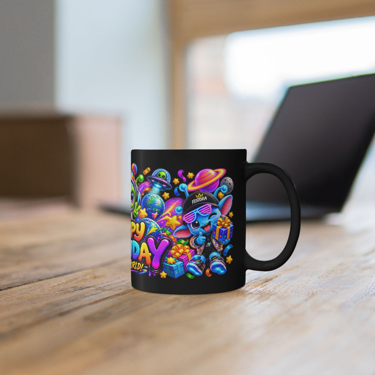 Happy Birthday Out Of This World Mug — Colorful Alien Birthday Coffee Cup
