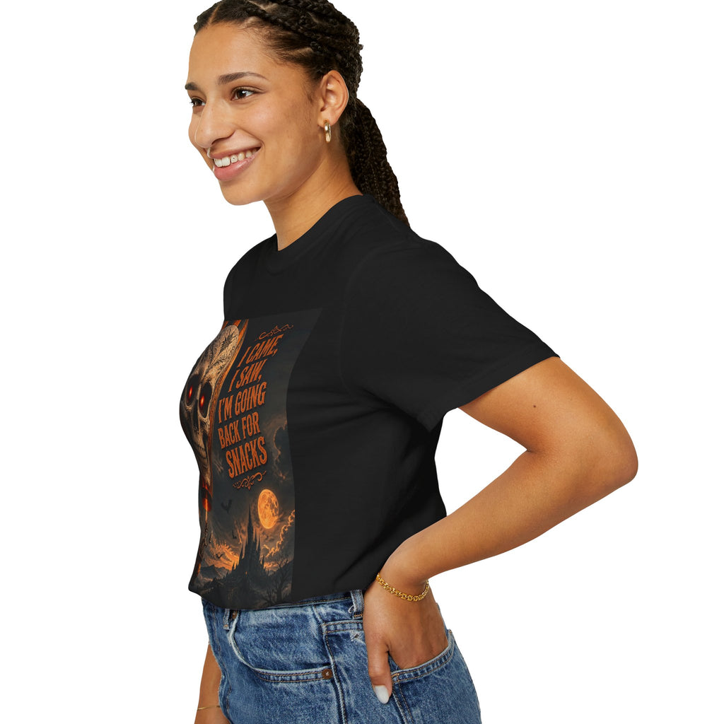 Halloween Skull T-Shirt — “I Came, I Saw, I’m Going Back for Snacks” Graphic Tee