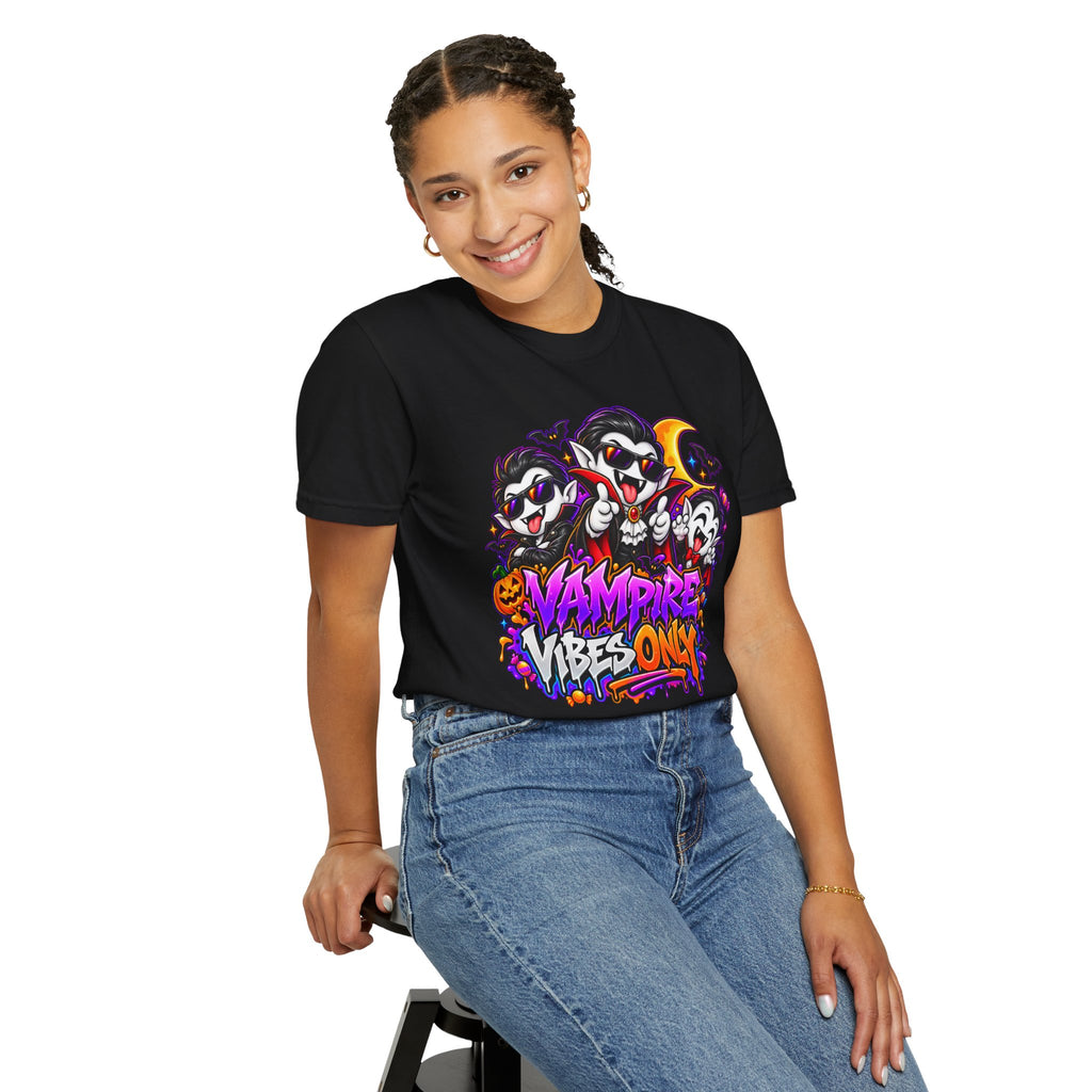 Neon Vampire Vibes Halloween Unisex Garment-Dyed T-Shirt Featuring a Cool Festora Vampire Crew