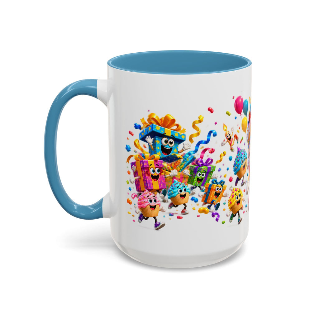 Birthday Party Coffee Mug – Colorful Happy Birthday Cake & Balloon Design (11/15oz Accent Mug)