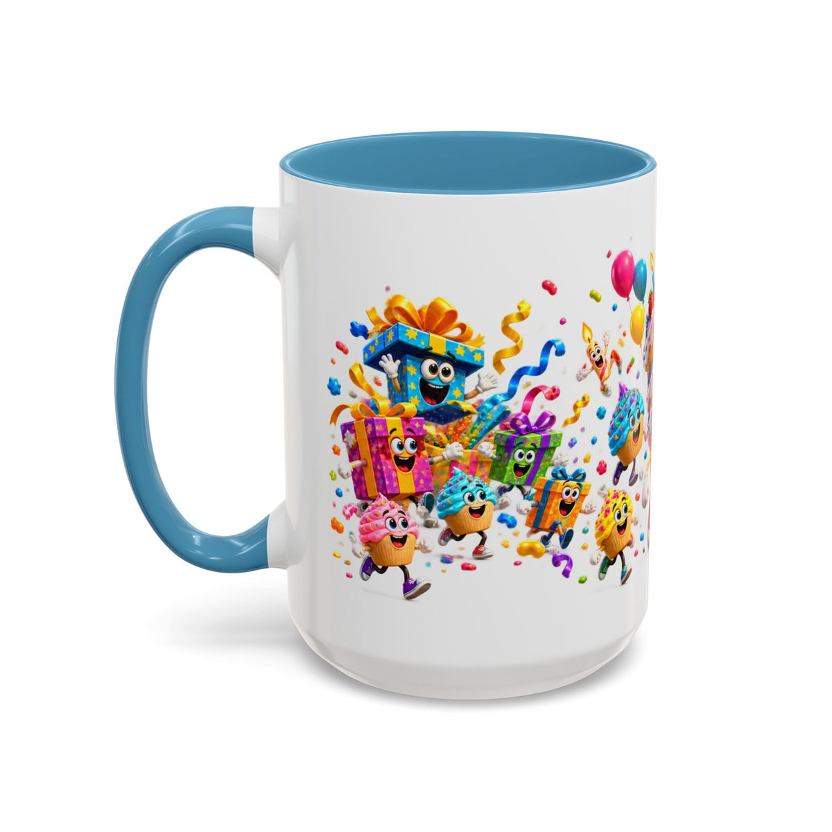 Birthday Party Coffee Mug – Colorful Happy Birthday Cake & Balloon Design (11/15oz Accent Mug)