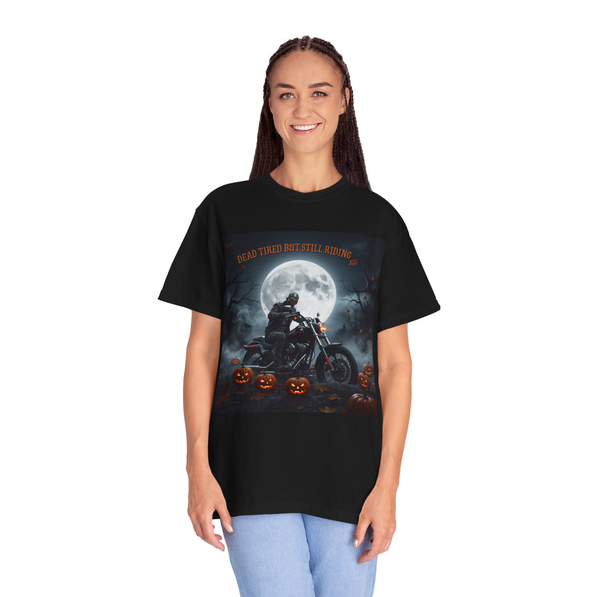 Halloween Motorcycle T-Shirt – 'Dead Tastes But Still Riding' Rider Skull Tee