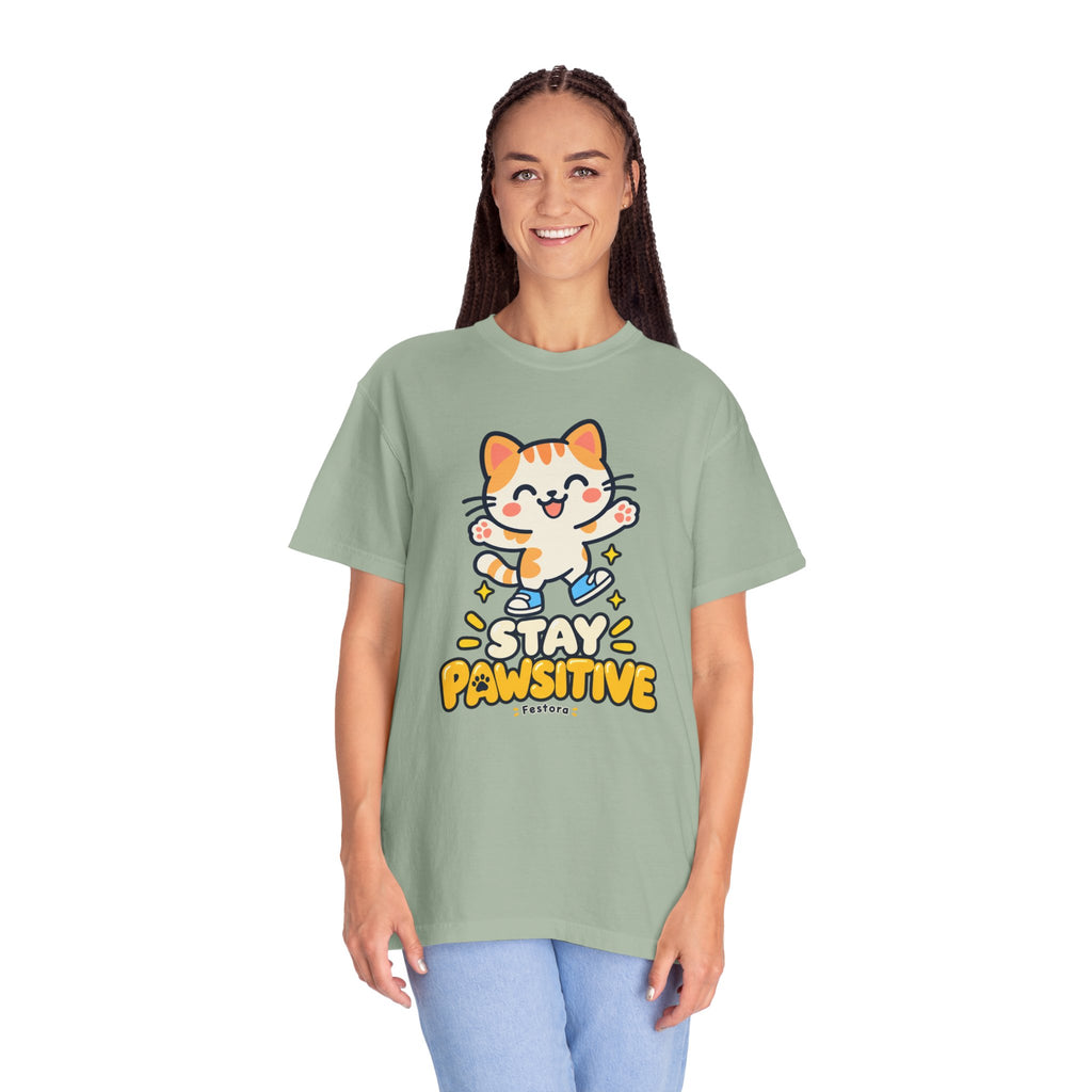 Stay Pawsitive – Cute Happy Cat Graphic T-Shirt