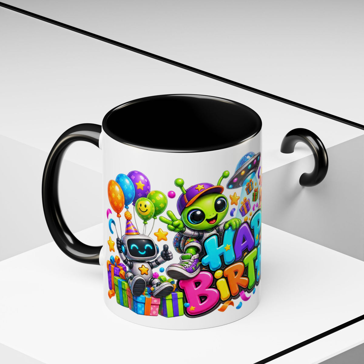 Happy Birthday Space Party Mug – Cute Aliens, Robots, UFO & Colorful 3D Birthday Design