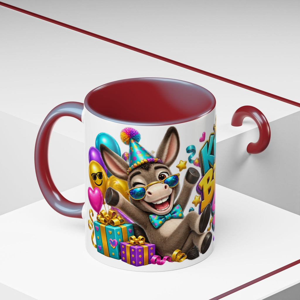 Kickin’ It Birthday Style Donkey White Mug – Funny Happy Birthday Party Cup, Cute Colorful Gift
